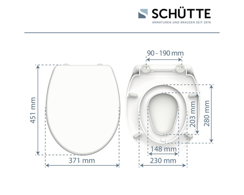 Technische Zeichnung eines Toilettendeckels mit Maßangaben und Schütte Logo