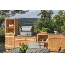 Outdoor-Küche mit Grill, Schränken und Tisch für den Gartenbereich