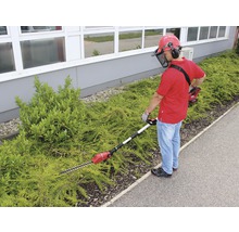 Mann schneidet Hecke mit einer Akku-Heckenschere mit Teleskopstiel und Schutzvorrichtung