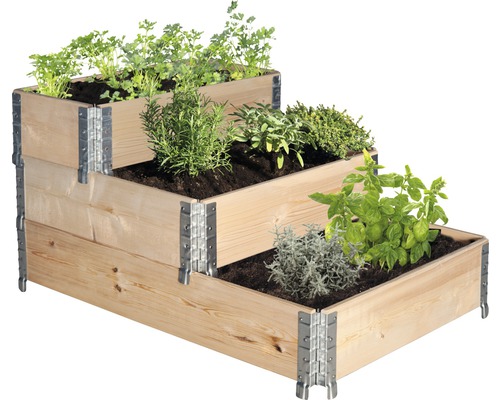 Hochbeet klassisch Typ 562 Stecksystem Stufenbeet variabel 120x80x60 cm natur Hochbeet aus Holz mit Kräutern auf drei Ebenen