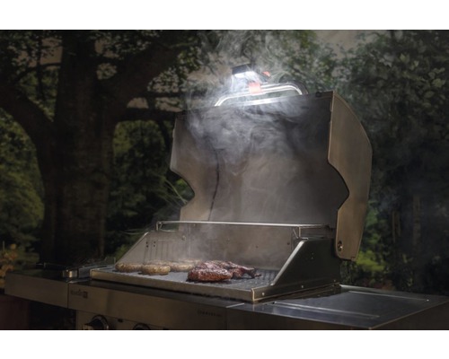 Grill mit Grillgut und Grilllicht vor einer Gartenkulisse