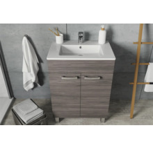 Badezimmer mit Waschtischunterschrank, Waschbecken, Armatur, Handtuch und Badaccessoires