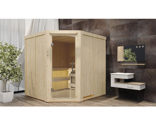 Ecksauna aus Holz mit Glastür und Badmöbel