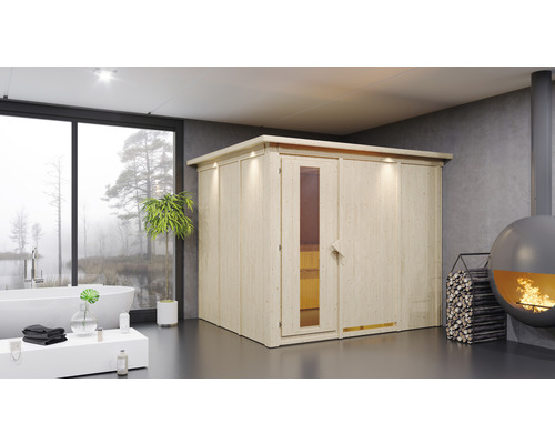 Elementsauna Karibu Gobina inkl. 9 kW Ofen u.intger.Steuerung mit Dachkranz und Holztüre mit Isolierglas wärmegedämmt