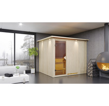 Moderne Badezimmerszene mit Holzsauna, Badewanne und Kamin