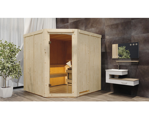 Elementsauna Karibu Jarina inkl. 9 kW Ofen u.integr.Steuerung ohne Dachkranz mit bronzierter Ganzglastüre Ecksauna aus Holz mit Glastür in einem Badezimmer