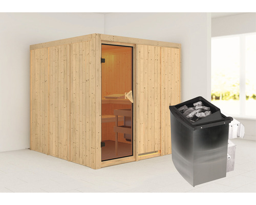 Elementsauna Karibu Rodina inkl. 9 kW Ofen u.integr.Steuerung ohne Dachkranz mit bronzierter Ganzglastüre Elementsauna Karibu Rodina inkl. 9 kW Ofen u.integr.Steuerung ohne Dachkranz mit bronzierter Ganzglastüre