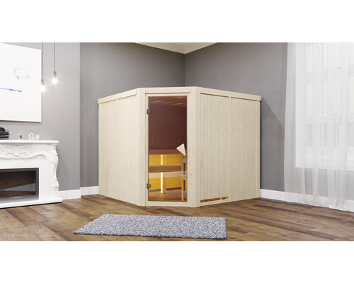 Ecksauna aus Holz mit Glastür in einem hellen Raum