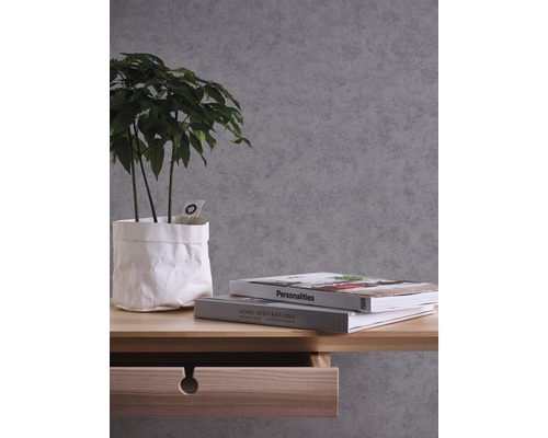 Dekorative Zimmerpflanze in Papiertüte auf einem Holztisch mit Schublade und Büchern vor einer Wand