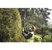 Ein Mann schneidet eine Hecke mit einer Akku-Stielheckenschere.