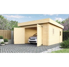 Holzgarage mit geöffneten Doppeltüren und einem Auto darin