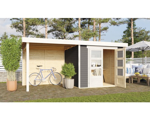 Modernes Gartenhaus mit Anbau, Fahrrad und Dekoration auf Rasenfläche