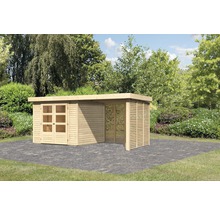 Gartenhaus Karibu Kodiak 3,5 inkl. Anbaudach 2,4 m, Feuerholzoption 491 x 262 cm natur