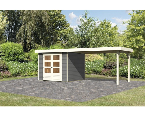 Gartenhaus Karibu Kodiak 3,5 inkl. Anbaudach 2,8 m 528,5 x 262 cm terragrau Holzgartenhaus mit Carport im Außenbereich