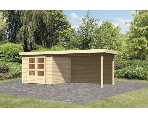 Gartenhaus Karibu Kodiak 3,5 inkl. Anbaudach 2,8 m, Rückwand 528,5 x 238 cm natur Holzgartenhaus mit Vordach auf Pflastersteinen im Garten