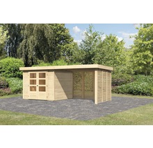 Gartenhaus Karibu Kodiak 3,5 inkl. Anbaudach 2,8 m, Feuerholzoption 528,5 x 262 cm natur