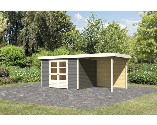 Gartenhaus Karibu Kodiak 5 inkl. Schleppdach 2,4 m und Rückwand 554 x 262 cm terragrau