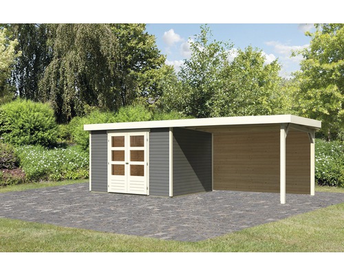 Gartenhaus Karibu Kodiak 5 inkl. Anbaudach 2,8 m, Rückwand 557x246 cm terragrau