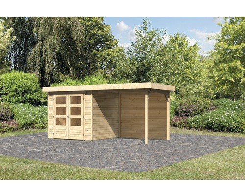 Gartenhaus Karibu Kodiak 2 mit Schleppdach 2,4 m und Rückwand 467 x 238 cm natur Holzgartenhaus mit Doppeltür und Anbau im Garten
