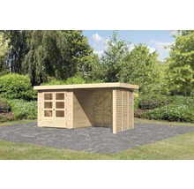 Gartenhaus aus Holz mit Doppeltür und seitlichem Lamellenelement im Außenbereich