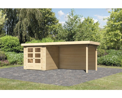 Gartenhaus Karibu Kodiak 2 inkl. Anbaudach 2,8 m, Rückwand 504,5 x 238 cm natur Gartenhaus mit Anbau aus Holz im Aussenbereich