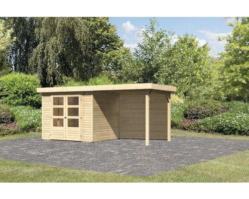 Gartenhaus Karibu Kodiak 3 inkl. Schleppdach 2,4 m und Rückwand 491 x 238 cm natur Gartenhaus mit Anbau auf gepflastertem Untergrund