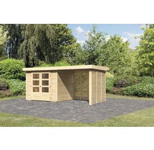 Holzgartenhaus mit Doppeltür und Lamellenwand im Garten
