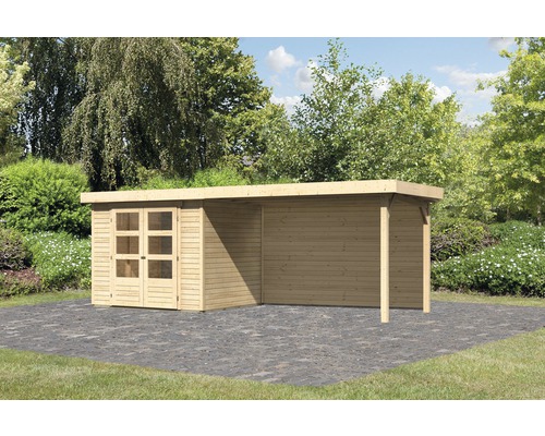 Gartenhaus Karibu Kodiak 3 inkl. Anbaudach 2,8 m, Rückwand 528,5 x 238 cm natur Holzgartenhaus mit Doppeltür und Flachdach im Garten