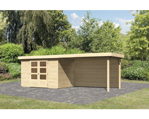 Gartenhaus Karibu Kodiak 4 inkl. Anbaudach 2,8 m, Rückwand 591,5 x 238 cm natur Holzgartenhaus mit Doppeltür und Vordach im Garten
