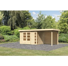 Gartenhaus aus Holz mit Doppeltür und seitlichem Anbau auf Pflastersteinen