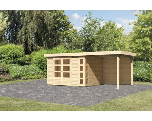 Gartenhaus Karibu Naomi 5 inkl. Anbaudach 2,4 m, Rückwand 554 x 262 cm natur Holzgartenhaus mit überdachtem Bereich im Garten
