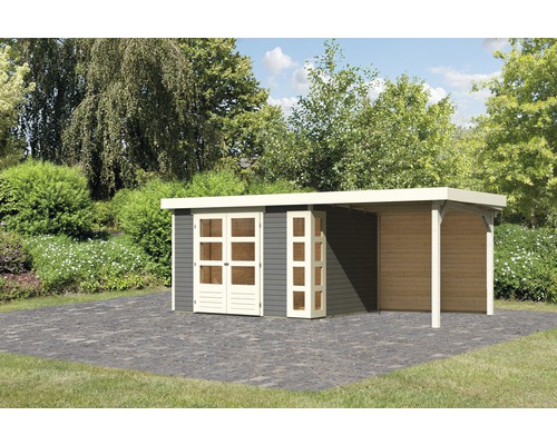 Gartenhaus Karibu Naomi 5 inkl. Anbaudach 2,4 m, Rückwand 554 x 262 cm terragrau Gartenhaus mit Anbau aus Holz im Garten