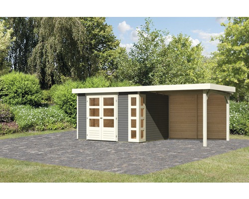 Gartenhaus Karibu Naomi 5 inkl. Anbaudach 2,8 m, Rückwand 591,5 x 262 cm terragrau Gartenhaus mit überdachtem Anbau im Garten