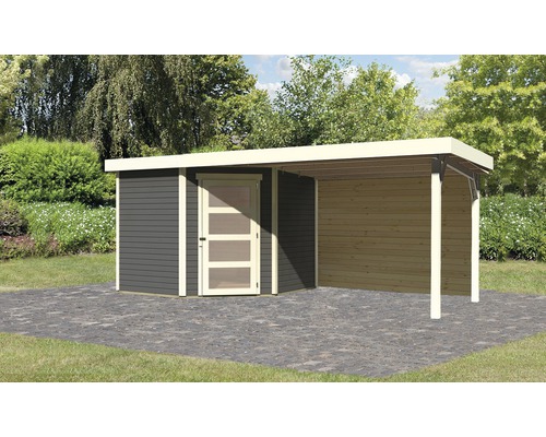 Gartenhaus Karibu Anvik 5 inkl. Anbaudach 2,8 m, Rückwand 503 x 262 cm terragrau Holzgartenhaus mit Überdachung