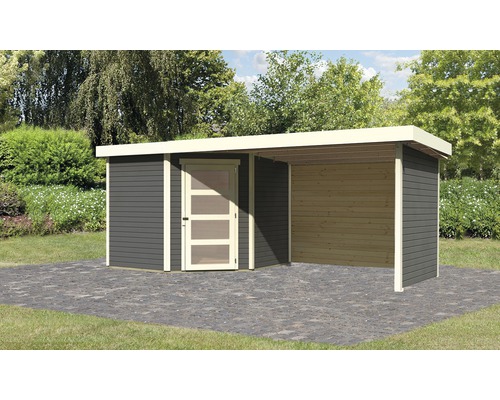 Gartenhaus Karibu Anvik 5 inkl. Anbaudach 2,8 m, Rück- und Seitenwand 497x246 cm terragrau