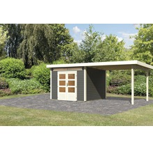 Holzgartenhaus mit Carport im Garten