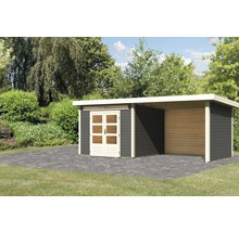 Holzgartenhaus mit Doppeltür und Unterstand im Garten