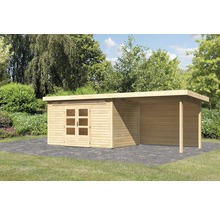 Holzgartenhaus mit Doppeltür und Anbau auf Pflastersteinen