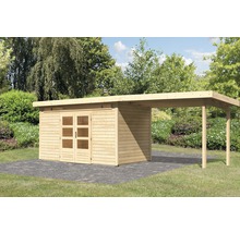 Gartenhaus mit Carport aus Holz im Garten