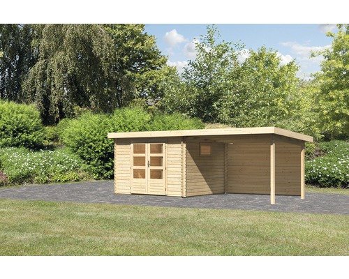 Gartenhaus Karibu Tossens 3 inkl. Anbaudach 3,3 m, Rückwand 616,5 x 333 cm natur Gartenhaus mit Anbau aus Holz im Garten