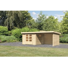 Holzgartenhaus mit Doppeltür und Anbau im Garten