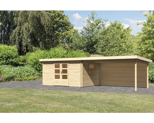 Gartenhaus Karibu Tossens 5 inkl. Anbaudach 4,4 m, Rückwand 806 x 333 cm natur Holzgartenhaus mit Vordach und Doppeltür im Außenbereich