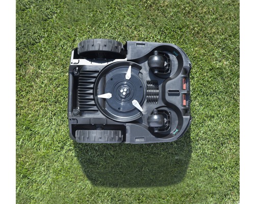 Aufsicht eines Rasenmähroboters auf Rasen