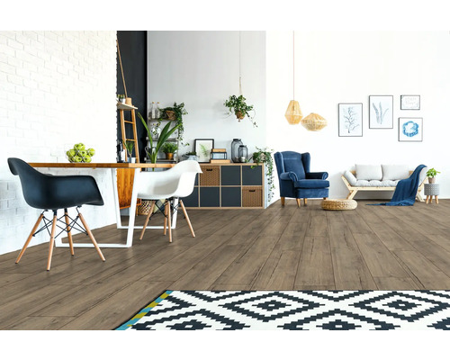 Modernes Wohnzimmer mit Holzboden, Esstisch, Stühlen und Dekorationen