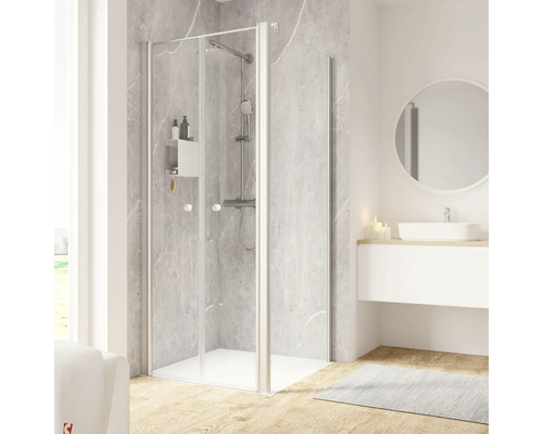 Pendeltüre mit Seitenwand Schulte ExpressPlus Garant 2.0 900x900x2000 mm Türanschlag links Seitenwandanschlag rechts Echtglas Klar hell aluminium Duschkabine mit Falttür im Badezimmer