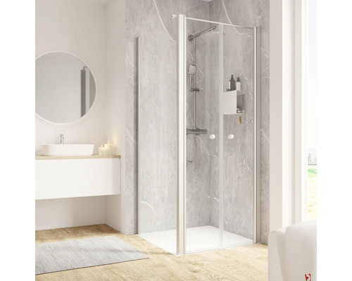 Pendeltüre mit Seitenwand Schulte ExpressPlus Garant 2.0 900x900x2000 mm Türanschlag rechts Seitenwandanschlag links Echtglas Klar hell aluminium Badezimmer mit Duschkabine, Waschbecken und Spiegel