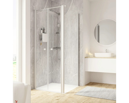 Pendeltüre mit Seitenwand Schulte ExpressPlus Garant 2.0 800x800x2000 mm Türanschlag links Seitenwandanschlag rechts Echtglas Klar hell aluminium Duschkabine mit Drehtüren im Badezimmer