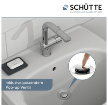 Waschbecken mit Armatur und Pop-up-Ventil.