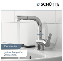 Waschtischarmatur aus Metall mit schwenkbarem Auslauf im Waschbecken