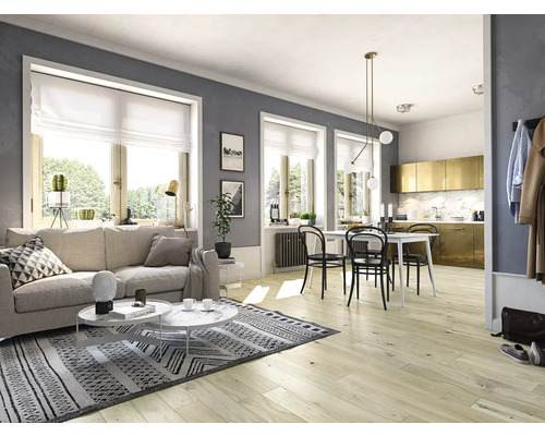 Helles Wohnzimmer mit Sofa, Teppich, Esstisch und Küchenzeile